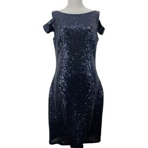 Christina Wu Size 10 Indigo Blue Sequin Sheath Party Dress Cold Shoulder Sparkly